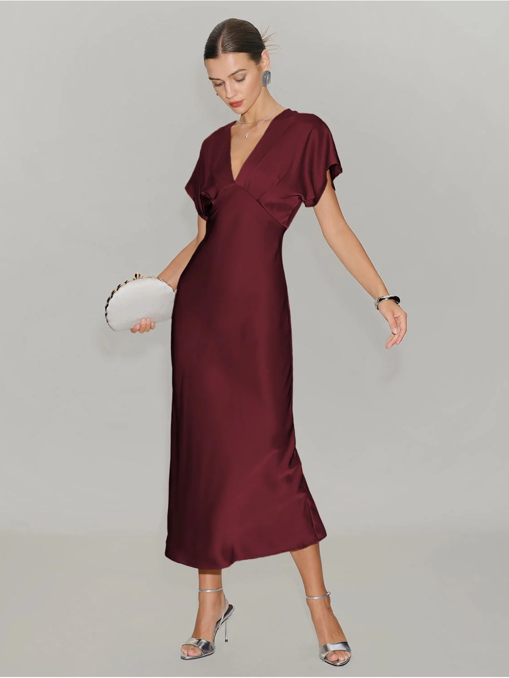 Wine Red Satin Cowl Sleeve Midi Dress - Picture 3 of 5